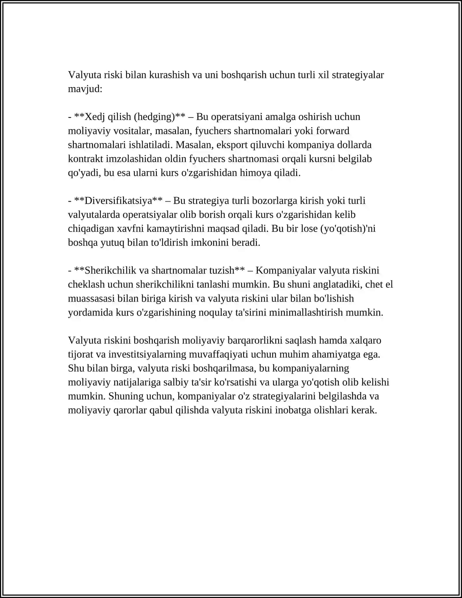 FORVARD SHARTNOMALARI YORDAMIDA XALQARO IQTISODIY FAOLIYATDAGI VALYUTA RISKINI LEDJIRLASH 4