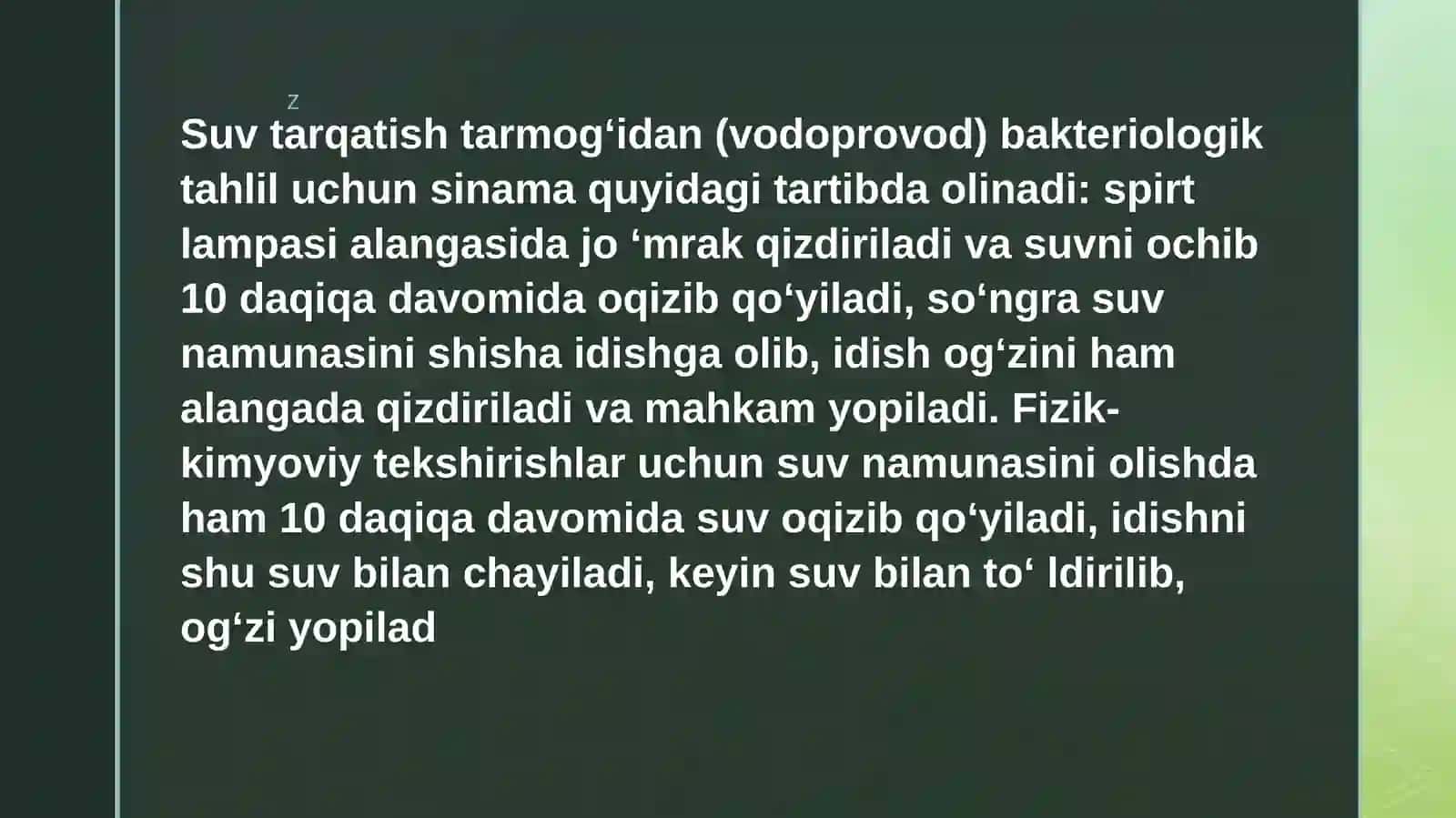ICHIMLIK SUVIDAN HAMDA OCHIQ SUV MANBALARIDAN LABORIYALARDA TEKSHIRISH UCHUN SINAMA OLISH. SUVNING K 4