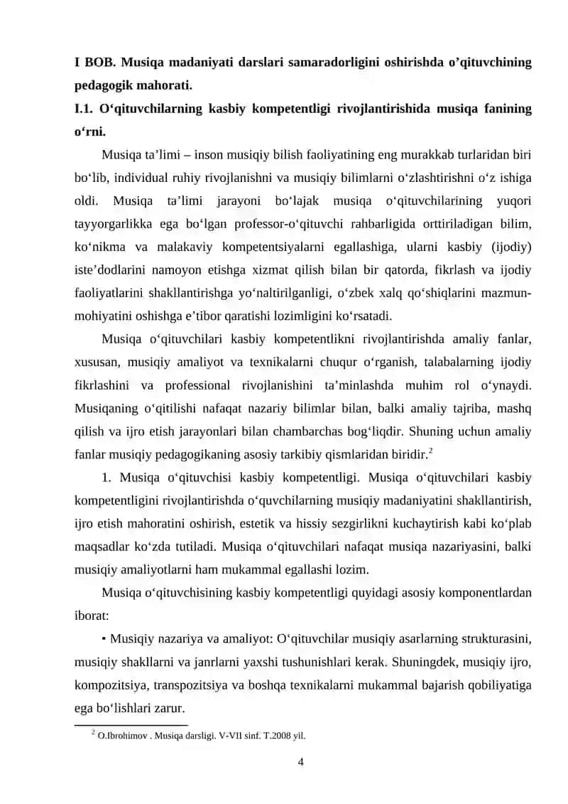 Musiqa o'qituvchisining kasbiy kompetentligi. Talablar va rivojlantirish yo'llari 4