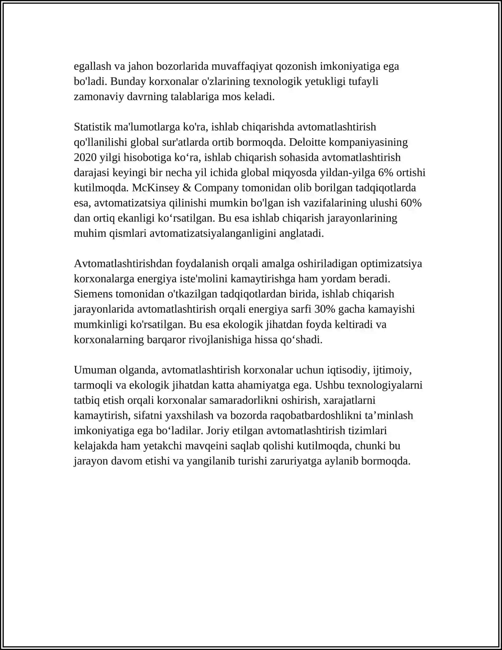 KORXONADAGI AVTOMATLASHTIRISH IMKONIYATLARI VA MAVJUD AVTOMATLASHTIRILGAN JARAYONLAR TAVSIFI 4
