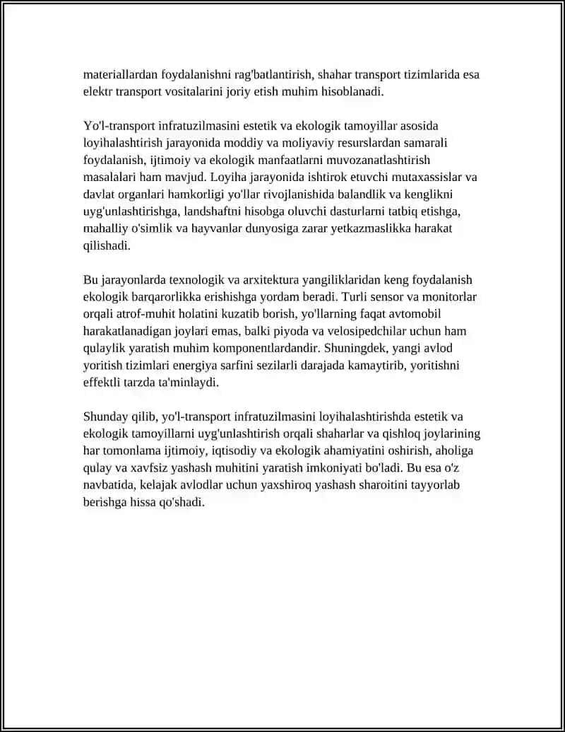 YO'L-TRANSPORT TUZILISHINI RIVOJLANISHIDA ESTETIK VA EKOLOGIK JIHATLARNI UYG'UNLASHUVI 4