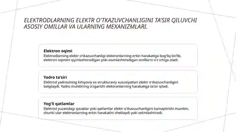 Elektr kimyo asoslari va elektrodlarning elektr o'tkazuvchanligi 4