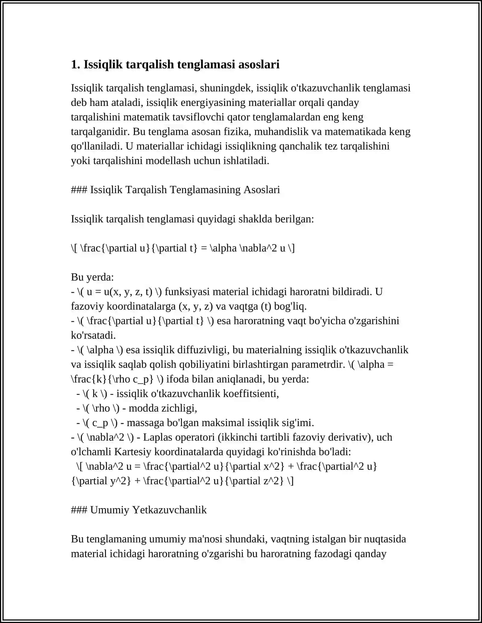 ISSIQLIK TARQALISH TENGLAMASINI METALL STERJENDA, CHEGARALANMAGAN STERJENDA, FAZODA TEKSHIRISH 4