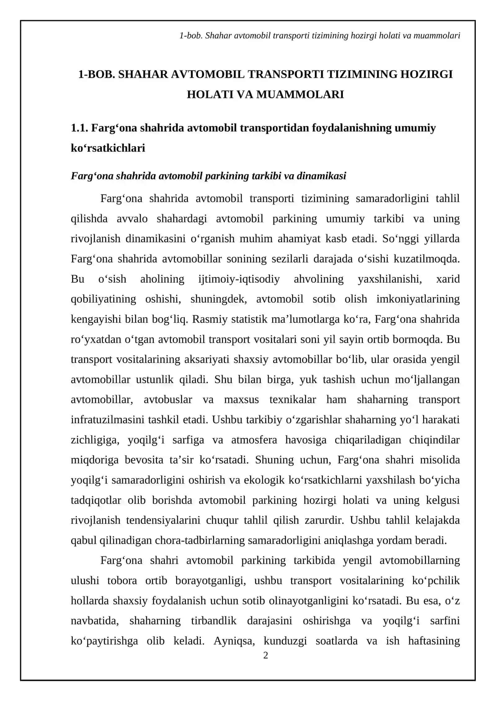 Shahar avtomobil transporti tizimida yoqilg‘i samaradorligini oshirish va ekologik ko‘rsatkichlarni yahshilash. (Farg‘ona shahri misolida) 4