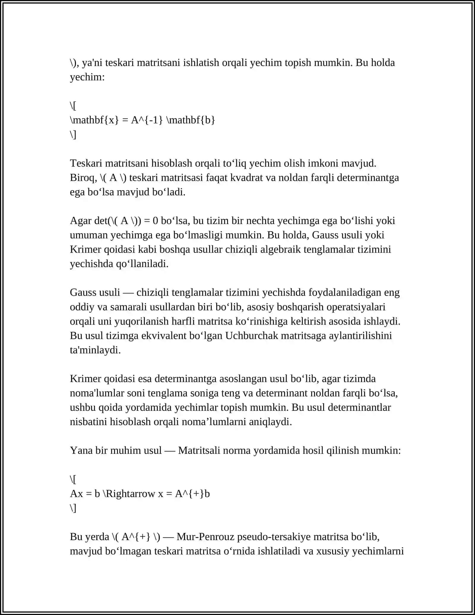 CHIZIQLI ALGEBRAIK TENGLAMALAR SISTEMASINI TAQRIBIY YECHISH. ODDIY ITERATSIYA VA ZEYDEL USULLARI 4