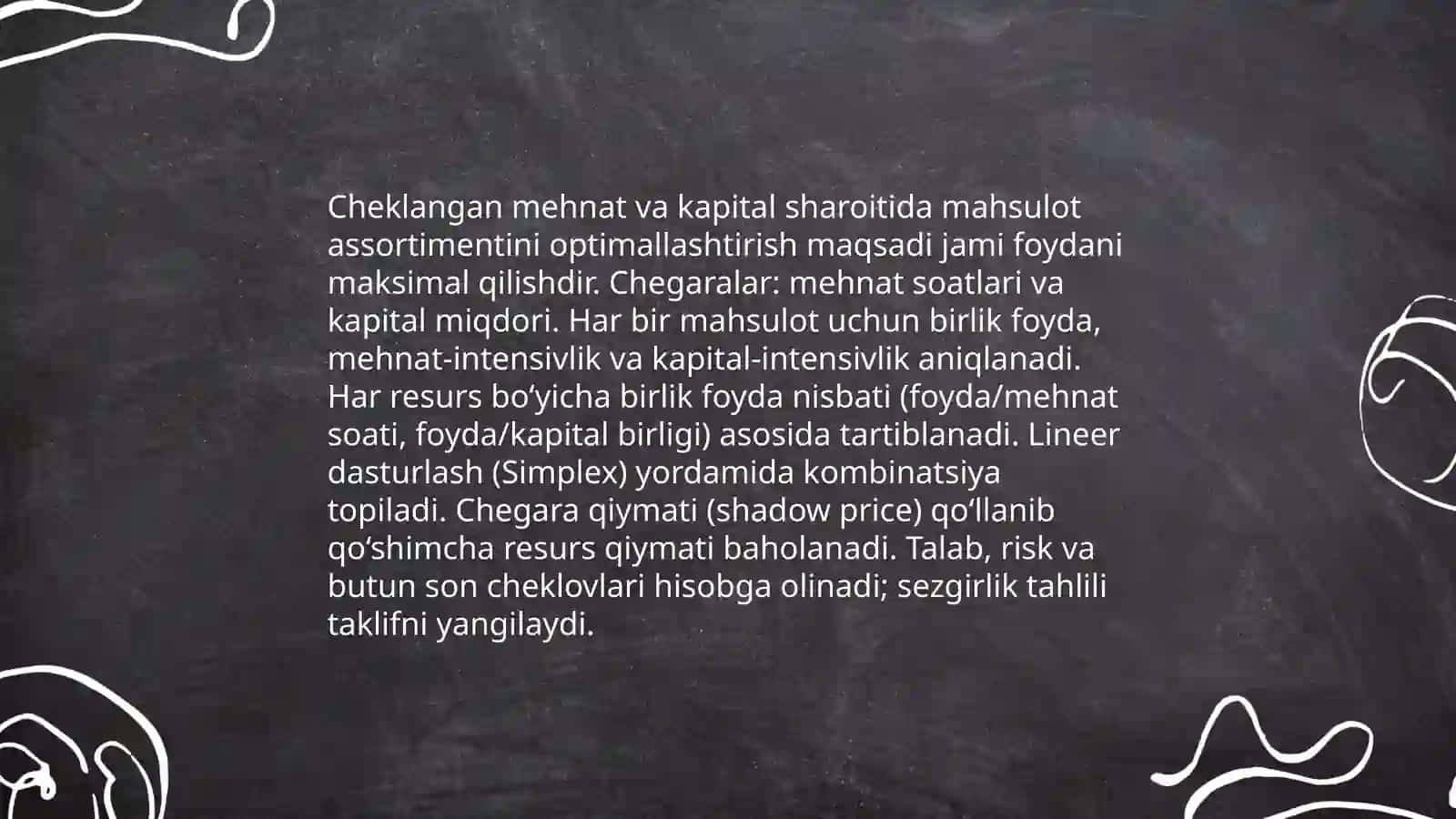 Ishlab chiqarish omillari cheklangan sharoitda mahsulot ishlab chiqarishni maksimallashtirish masalasi 4