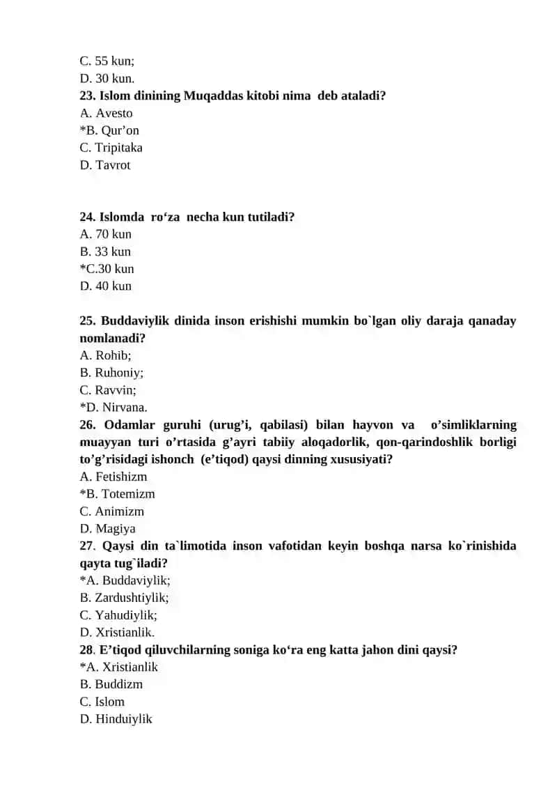 Dinshunoslik 100 ta test javoblari. 4