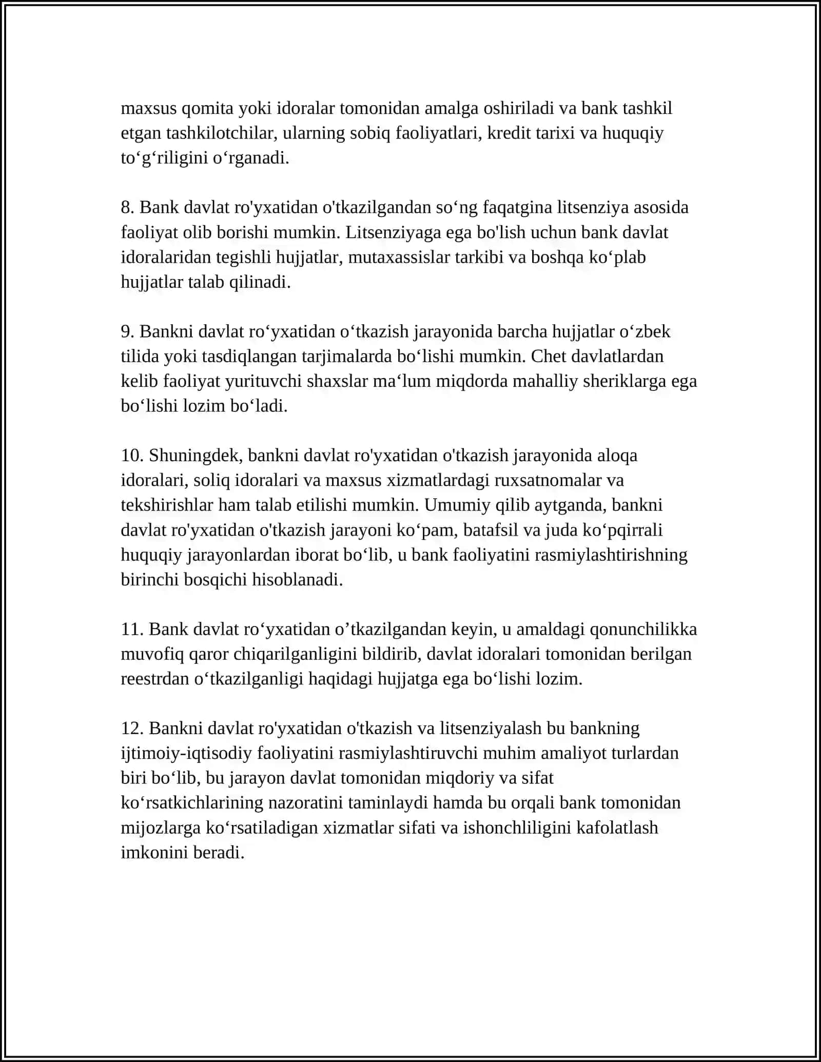 BANKLARNI DAVLAT RO'YXATIDAN O'TKAZISH VA LITSENZIYALASH TARTIBI 4