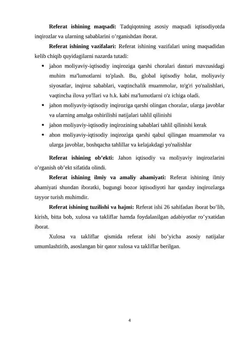 REFERAT ISHI IQTISODIYOTNI DAVLAT TOMONIDAN TARTIBGA SOLISH USULLARI” FANIDAN  Mavzu: “Dunyo mamlakatlarining jahon moliyaviy-iqtisodiy inqiroziga qarshi choralari dasturi.” bo’yicha 4