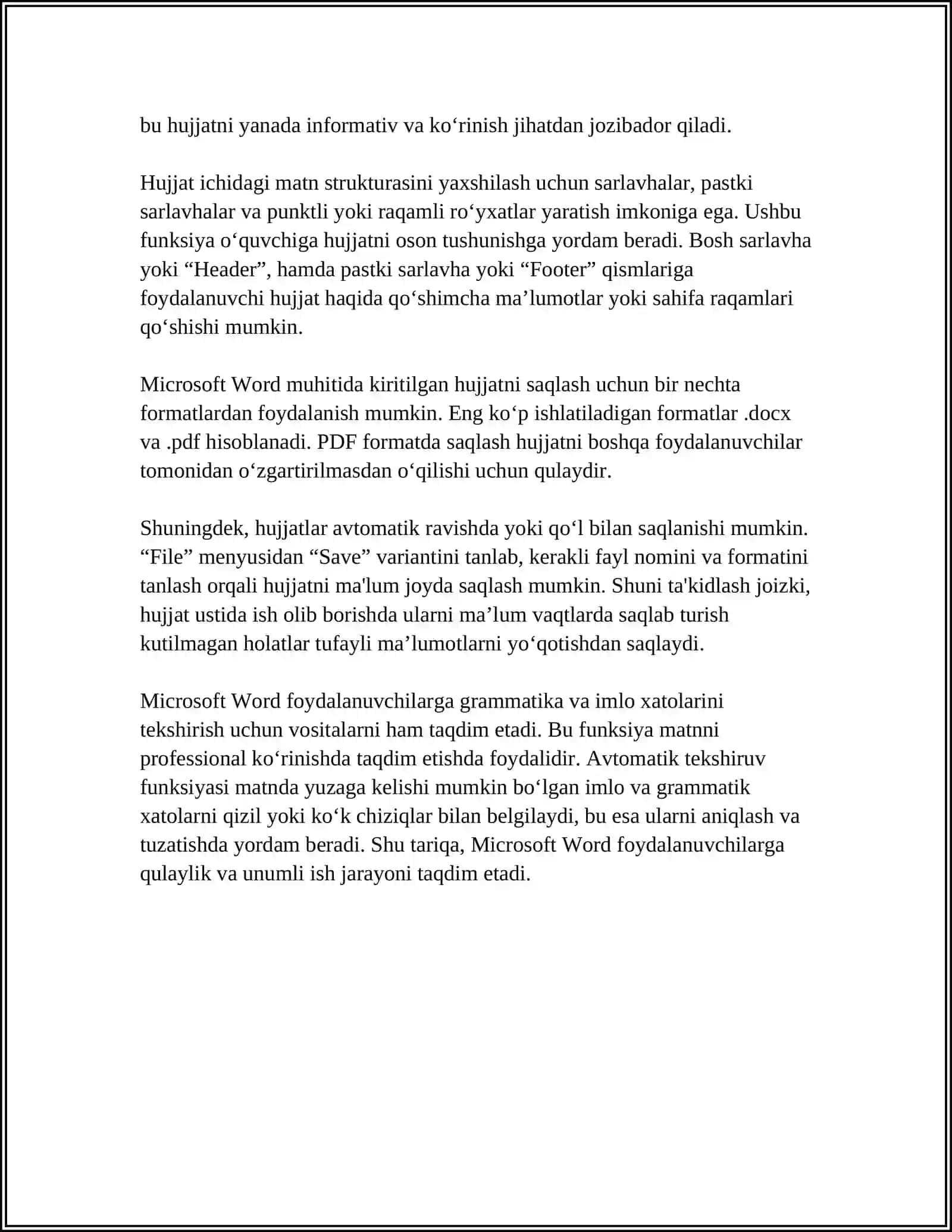 MICROSOFT WORD MATN MUXARRIRIDA HUJJATLAR YARATISH, HUJJATLARNI SAQLASH, HUJJATDAN CHIQISH USULLARI 4