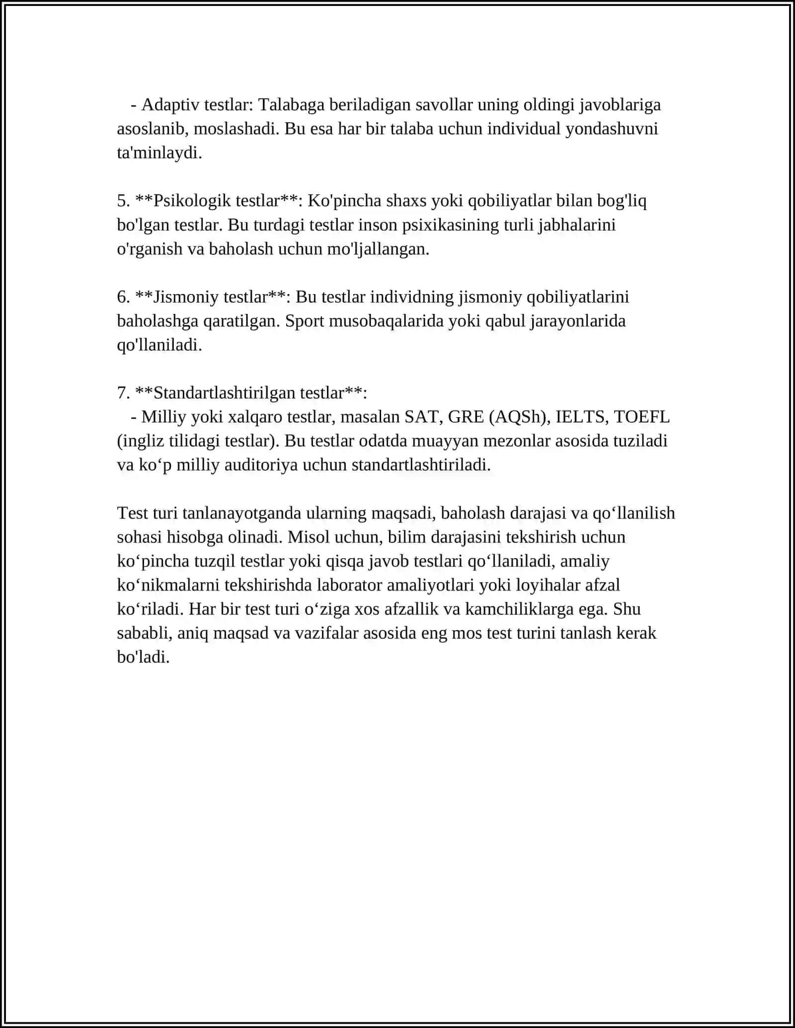 TESTLARNING KLASSIFIKATSIYASI 4