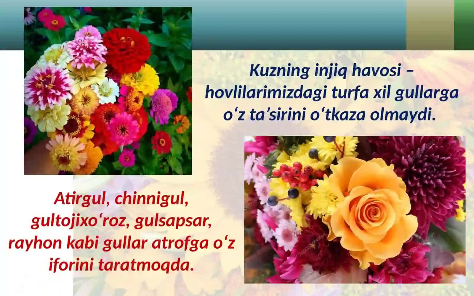 4-sinf Tasviriy san'at dars taqdimot. Kuzgi gullar mavzusida rasm ishlash 4