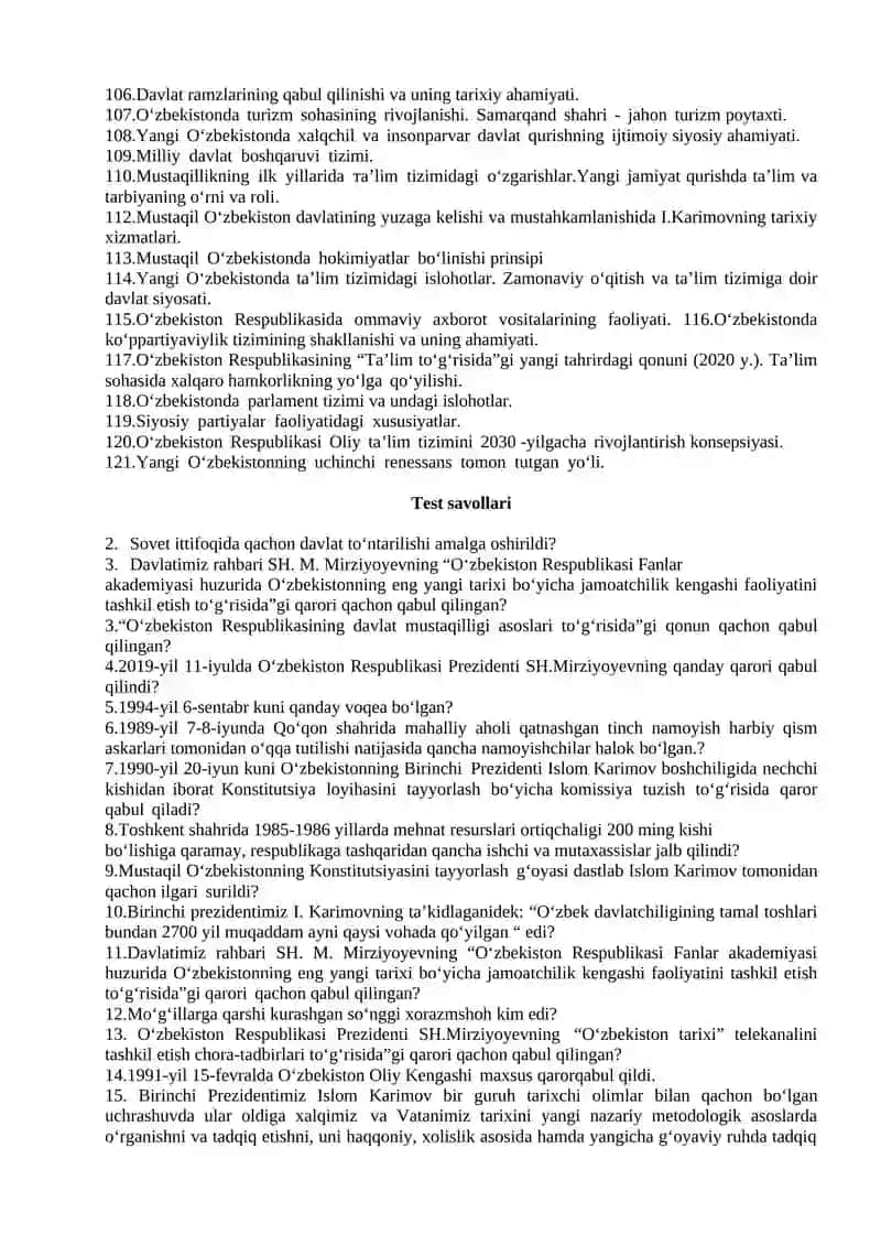 O‘zbekistonning eng yangi tarixi fanidan yakuniy nazorat ishi uchun variant savollari 4