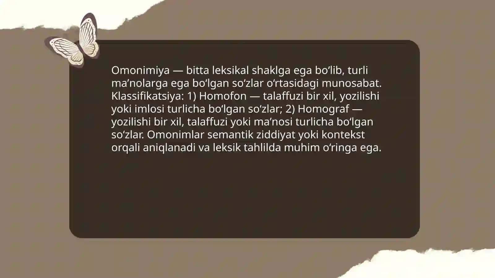 Oʻzbek tilida leksemalarning shakl va maʼno munosabatlari: omonimiya, sinonimiya, antonimiya 4