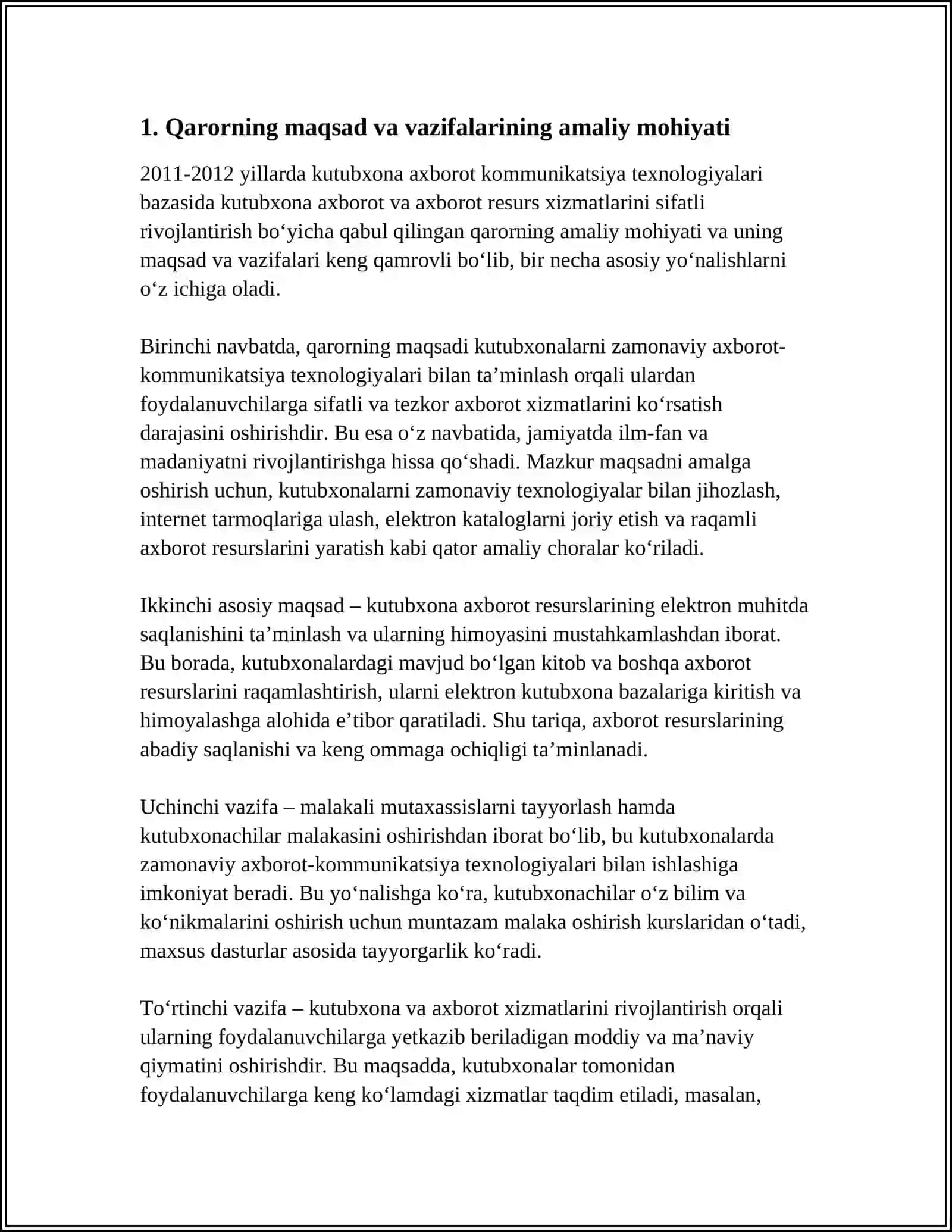 2011_2012 YILLARDA KUTUBXONA AXBOROT KOMMUNIKATSIYA TEXNOLOGIYALARI BAZASIDA KUTUBXONA AXBOROT VA AXBOROT RESURS XIZMATLARINI SIFATLI RIVOJLANTIRISH CHORA TADBIRLARI TOʻGʻRISIDA GI QARORINING AMALIY MOHIYATI 4