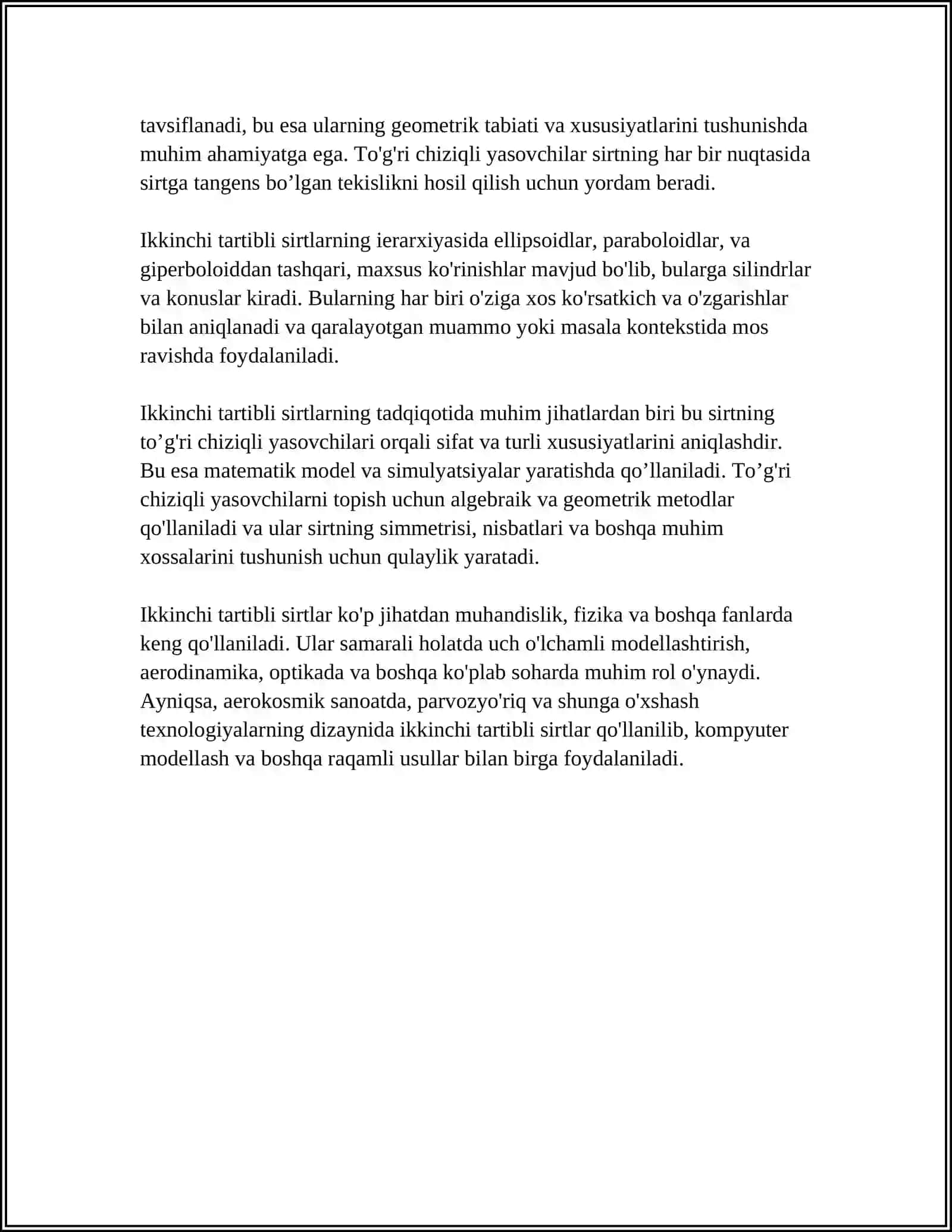 Ikkinchi tartibli sirtlar: taʼrif, koeffitsiyentlar va matritsalar 4