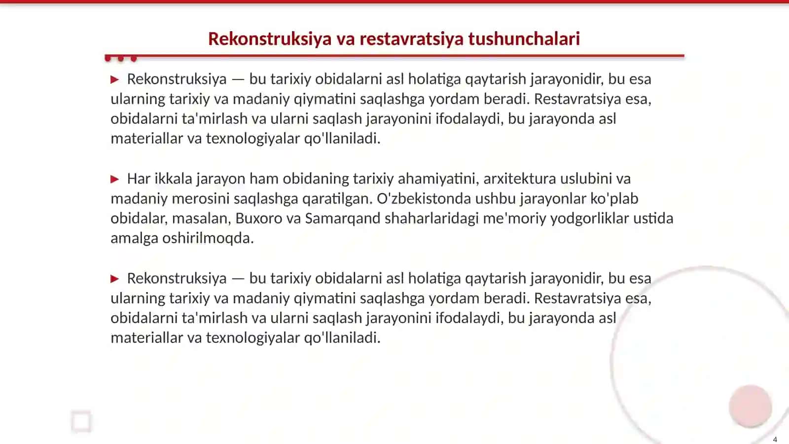 Tarixiy obidalar va me’morial majmualarni rekonstruksiya va restavratsiya ishlari 4