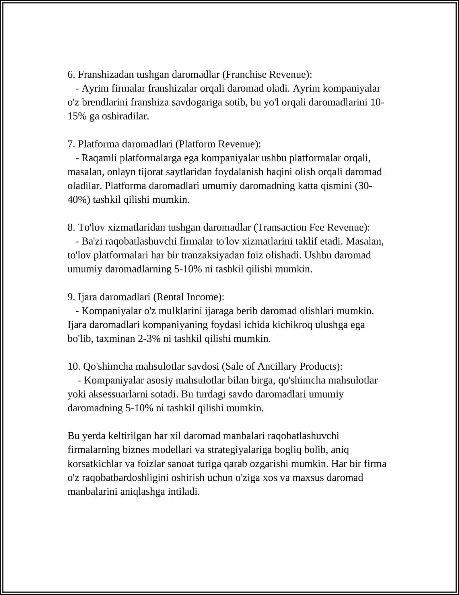 RAQOBATLASHUVCHI FIRMANING FOYDASI VA DAROMADLARI 4