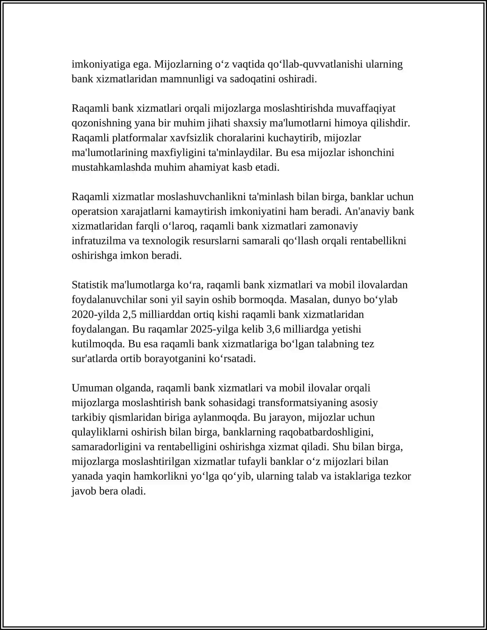 Raqamli bank xizmatlari va mobil ilovalar orqali mijozlarga moslashtirish 4