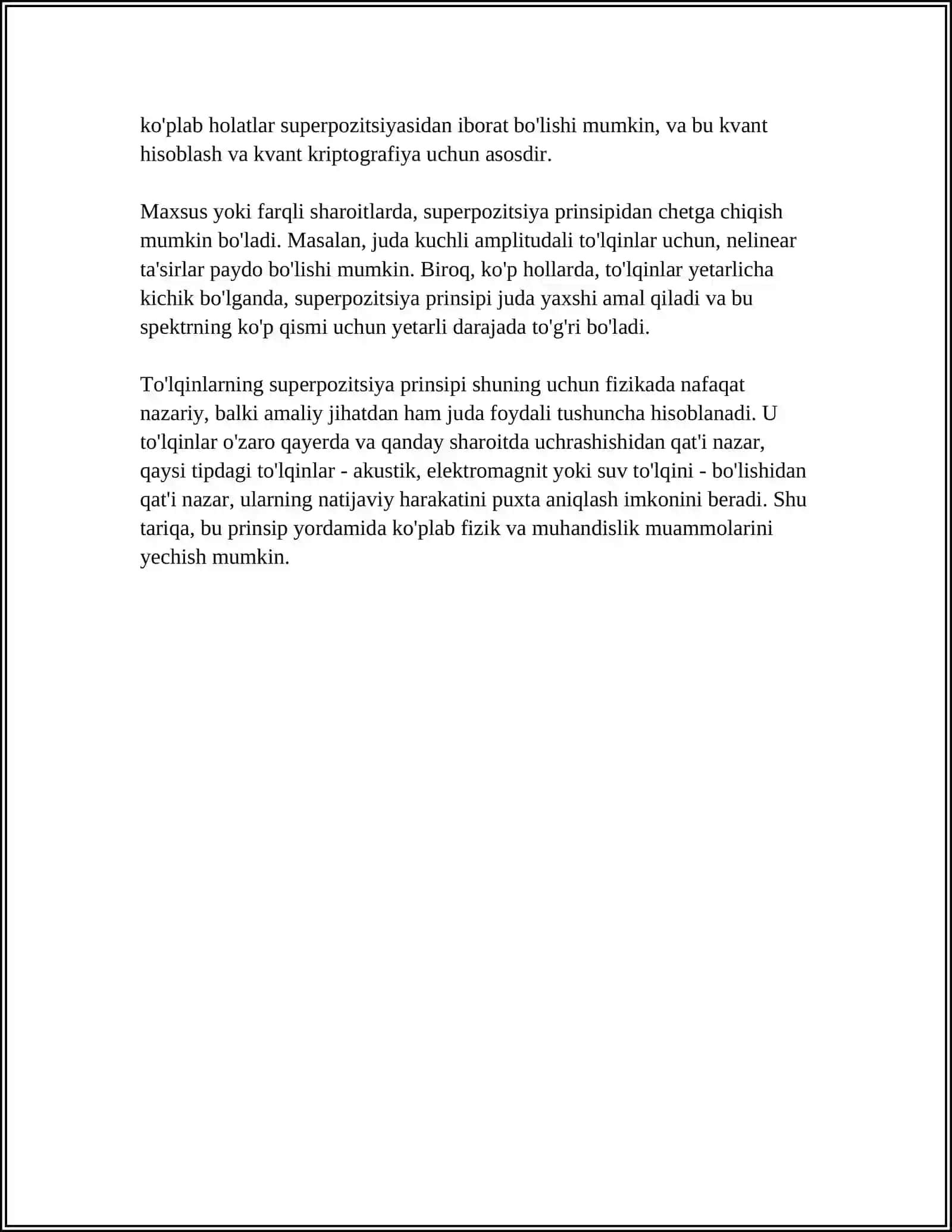 TO'LQINLARNING SUPIRPAZETSIYA PRINSIBI, GURUHLI TEZLIK, INTERFERENSIYA, GYUGENS PRINSIBI, MAKSIMUM VA MINIMUMLAR HOSIL BO'LISH SHARTI, TURG'UN TO'LQINLAR, TURG'UN TO'LQIN TENGLAMASI, TURG'UN TULQINNING XUSUSIYATLARI 4