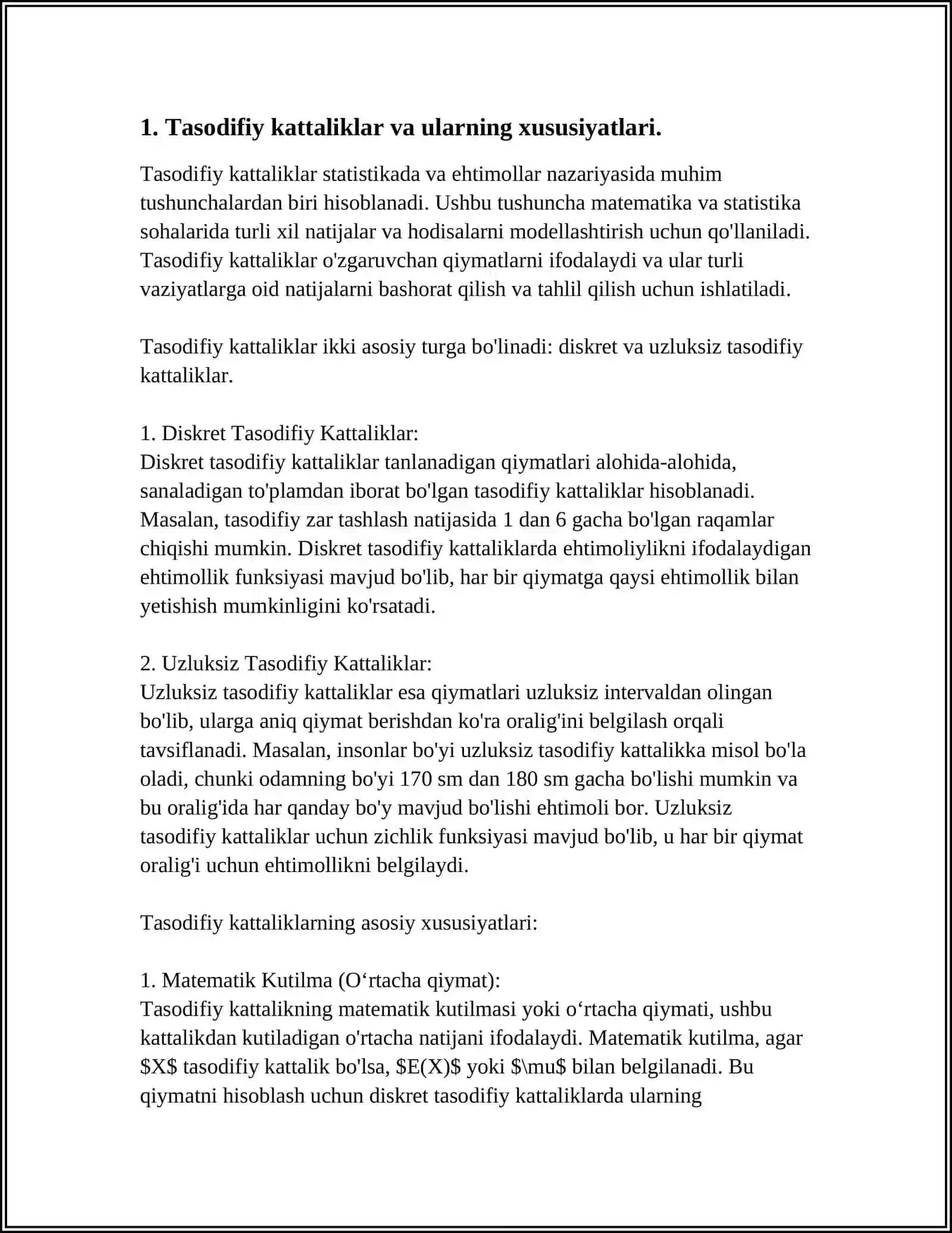 TIBBIY-BIOLOGIK MASALA MISOLIDA MATEMATIK STATISTIKA ELEMENTLARI, GENERAL VA TANLOV MAJMUALAR, TASODIFIY KATTALIKLARNING TAQSIMOT QONUNINI YORITIB BERISH 4