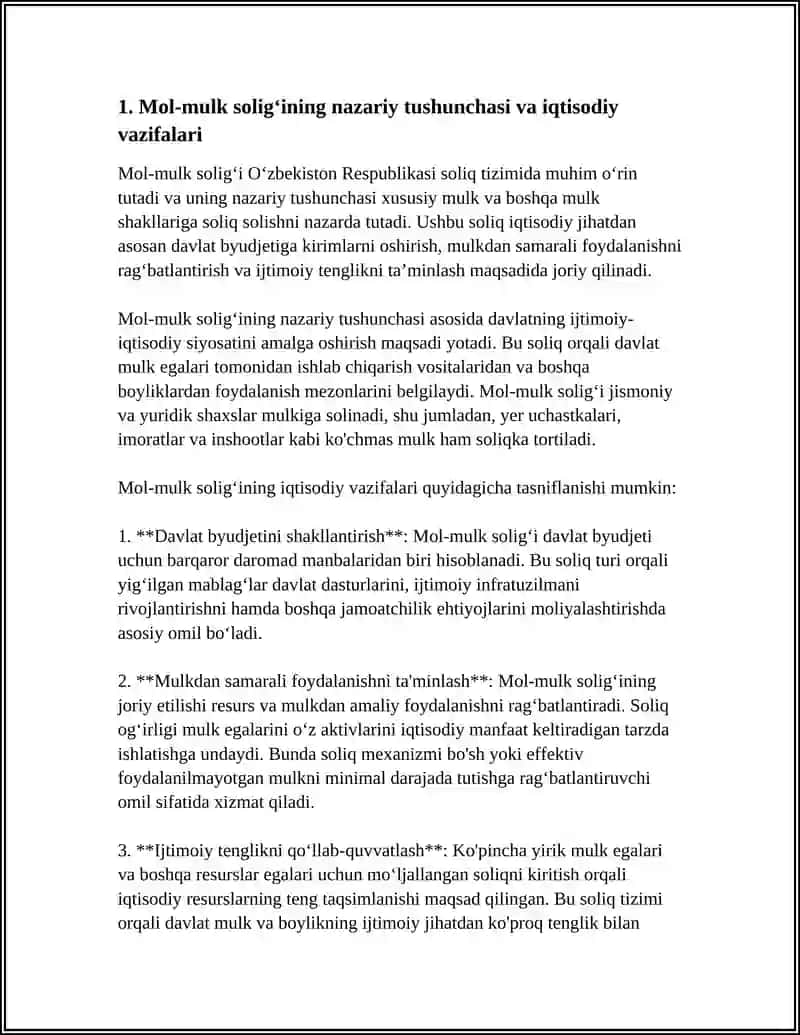 OʻZBEKISTON RESPUBLIKASI SOLIQ TIZIMIGA MOL-MULK SOLIGʻINING JORIY ETILISHI VA UNING IQTISODIY MOHIYATI 4