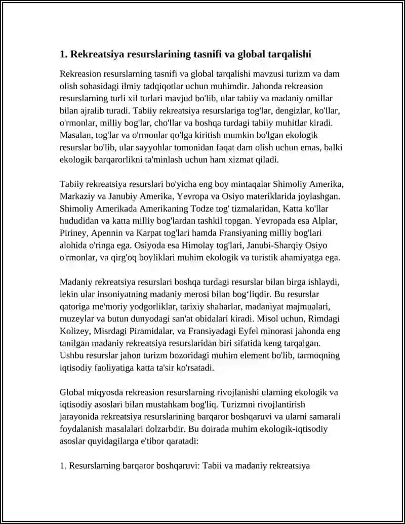 MUSTAQIL ISH: "JAHONDA REKREATSIYA RESURSLARIDAN FOYDALANISH VA RIVOJLANTIRISHNING EKOLOGIK-IQTISODIY ASOSLARI" 4