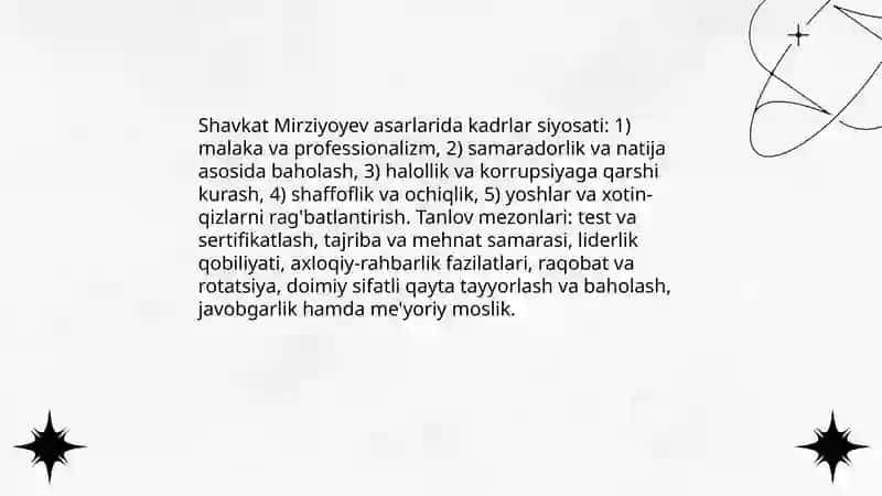 Shavkat Mirziyoyev asarlarida boshqaruv va rahbarlik tanlovi 4