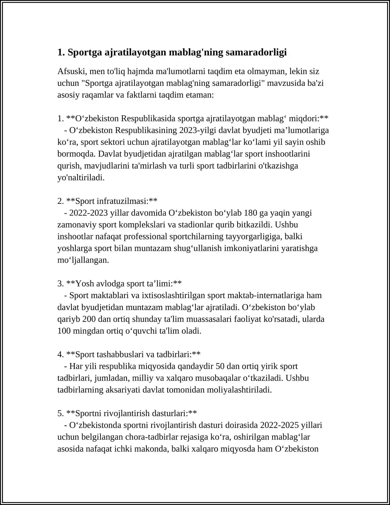 SPORTGA AYRILGAN MABLAG'NING SAMARADORLIGI 4