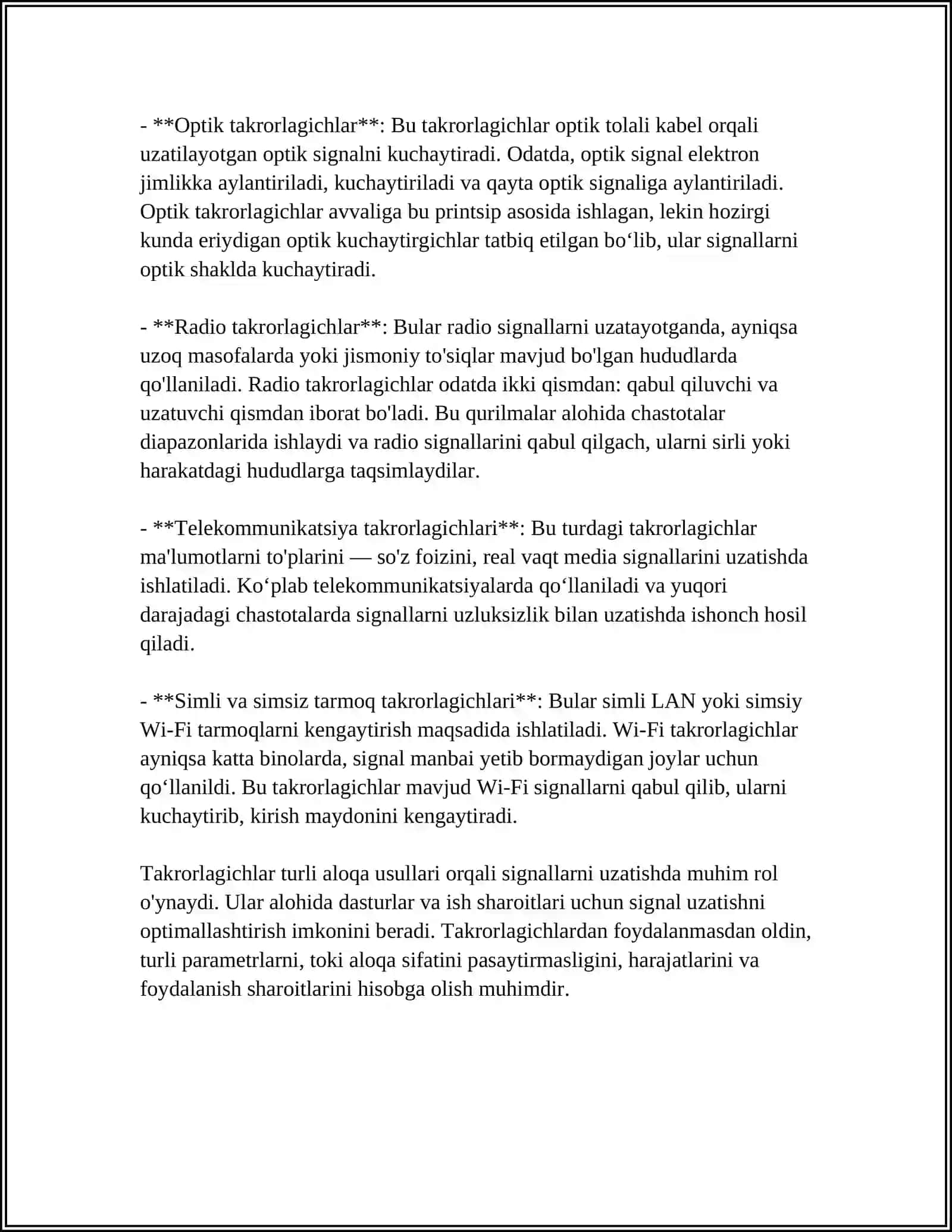 TARMOQLARARO O'ZARO ISHLASH VA QURILMALAR TAVSIFI: TAKRORLAGICHLAR, KONSENTRATORLAR, KO'PRIKLAR, KOMMUTATORLAR, MARSHRUTIZATORLAR VA SHLYUZLAR 4