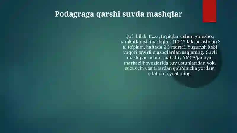 Podagra kasalligida maxsus mashqlarni tanlash va Jismoniy mashqlar majmuasini tuzish 4