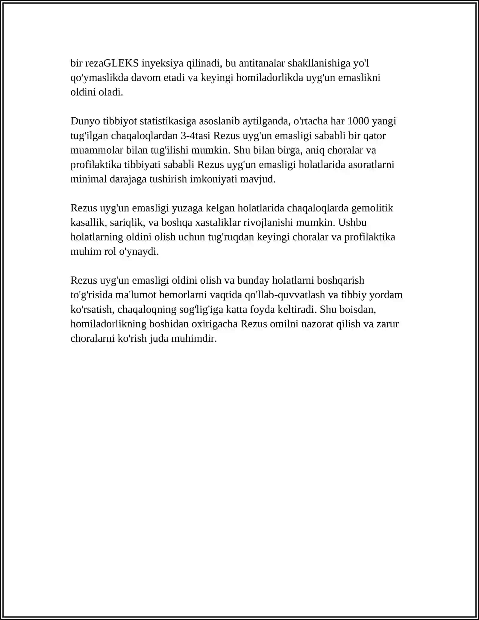 AKUSHERLIKDA REZUS OMILNING O'RNI. HOMILA VA CHAQALOQLAR GEMOLITIK KASALLIGI. CHAQALOQLAR SARIQLIGI. ETIOPATOGENEZI, TASNIFI, KLINIKASI, TASHXISLASH, DAVOLASH TAMOYILLARI 4