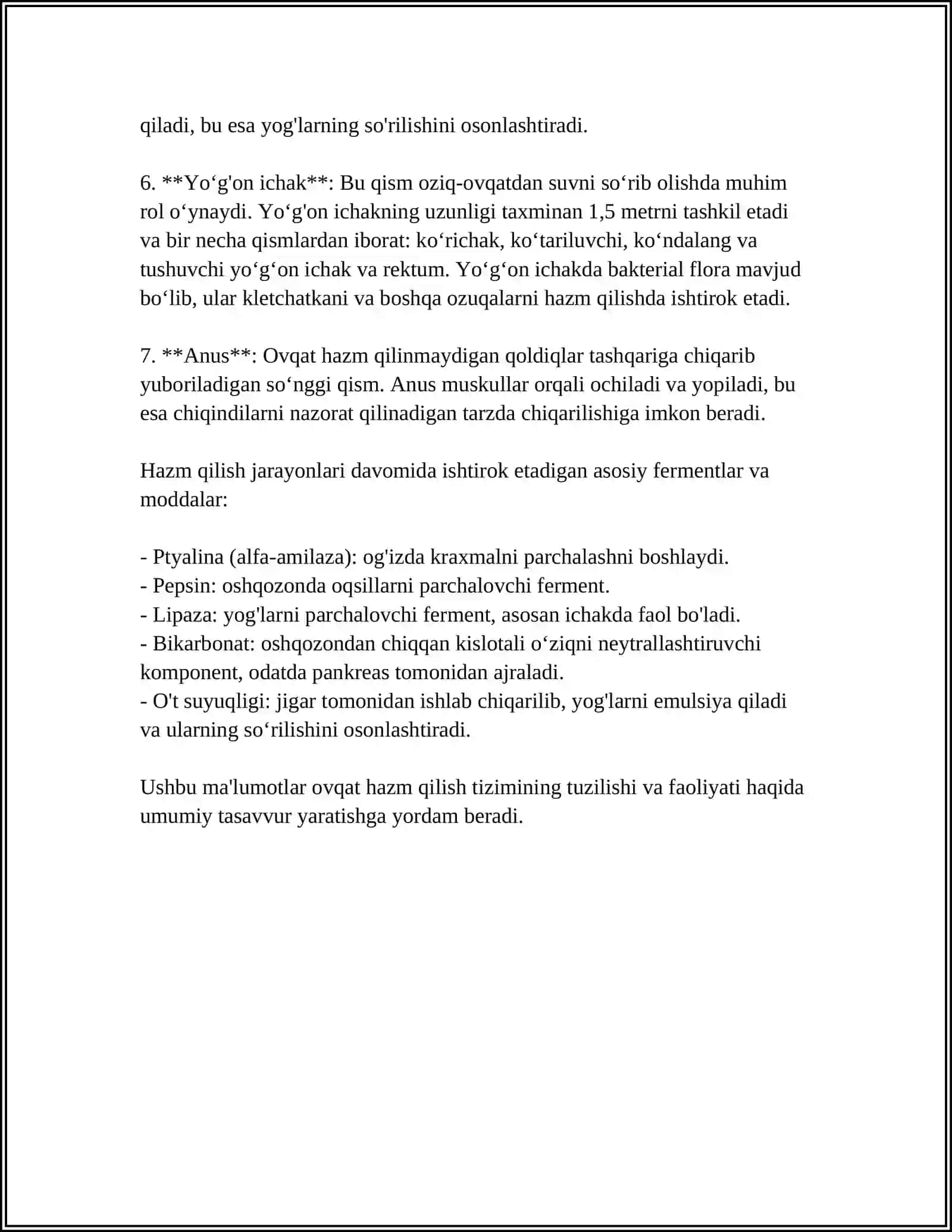 ODAM VA HAYVON INGICHKA VA YO'G'ON ICHAGIDA OVQAT HAZM BO'LISHINI O'ZIGA XOSLIGI 4