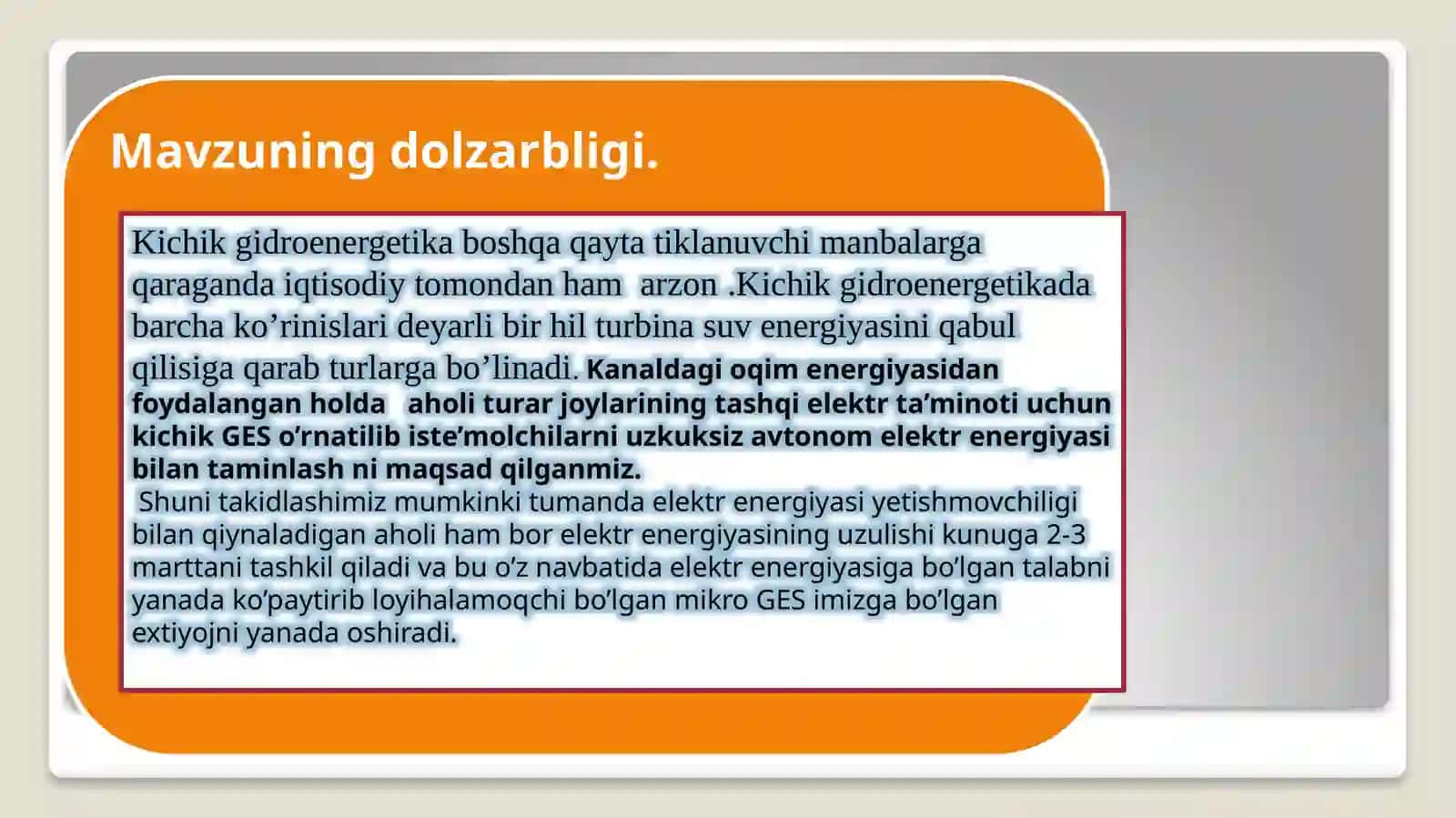 «TOSHIES» MFYdagi aholi turar joylаrining tashqi elektr ta’minoti uchun mikro GESni loyihalash 4