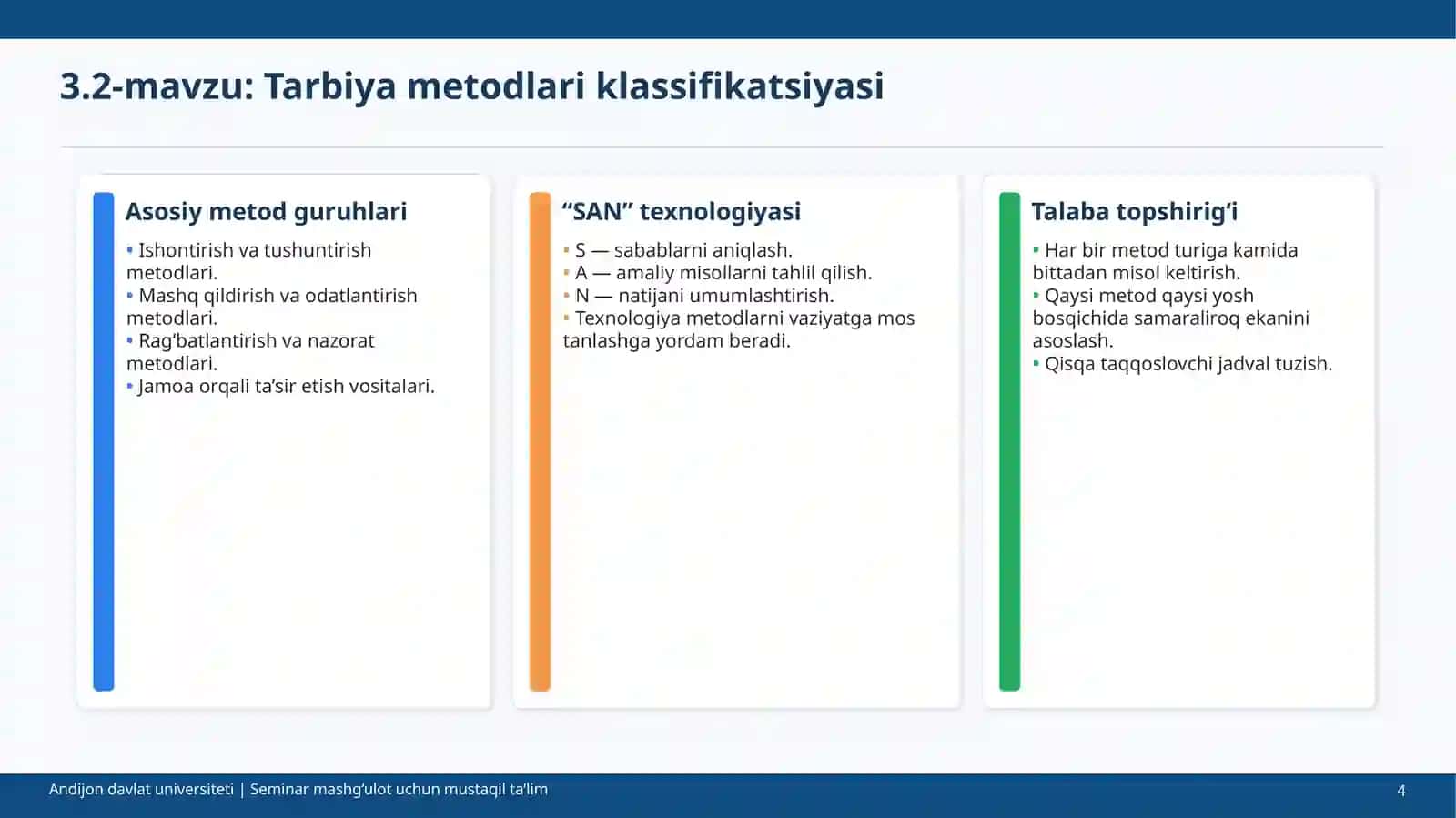 SEMINAR MASHG‘ULOT UCHUN MUSTAQIL TA’LIM TOPSHIRIQLARI 4
