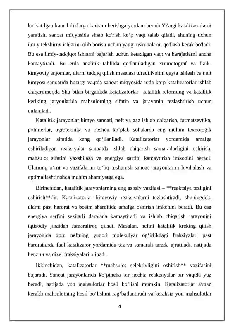 Neft-gazni qayta ishlash sanoatida ishlatiladigan katalizatorlarning turlari, xossalari va tarkibi 4