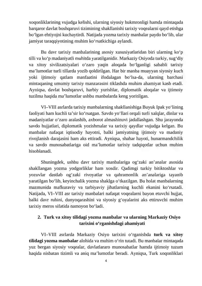 Ilk o‘rta asrlar davri tarixiy manbalari – Markaziy Osiyoda VI–VIII asrlarning tarixiy manbalari. 4
