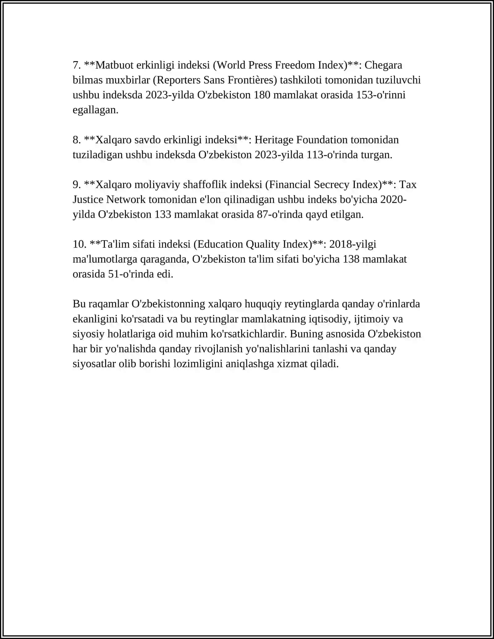 SIYOSIY-HUQUQIY SOHADAGI USTUVOR XALQARO REYTINGLAR VA ULARGA O'ZBEKISTONNING INTEGRATSIYALASHUVI 4