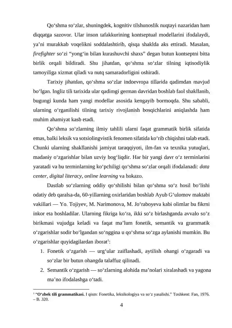 TURLI SO‘Z TURKUMLARIDAN HOSIL BO‘LGAN QO‘SHMA SO‘ZLAR: INGLIZ TILIDA MORFOLOGIK VA SEMANTIK TAHLIL 4