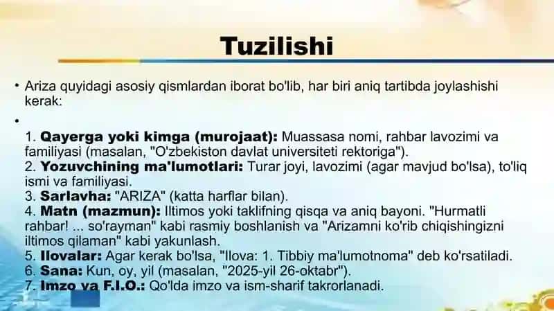 lumot-axborot hujjatlari ariza, bayonnoma, bayonnomadan ko‘chirma 4
