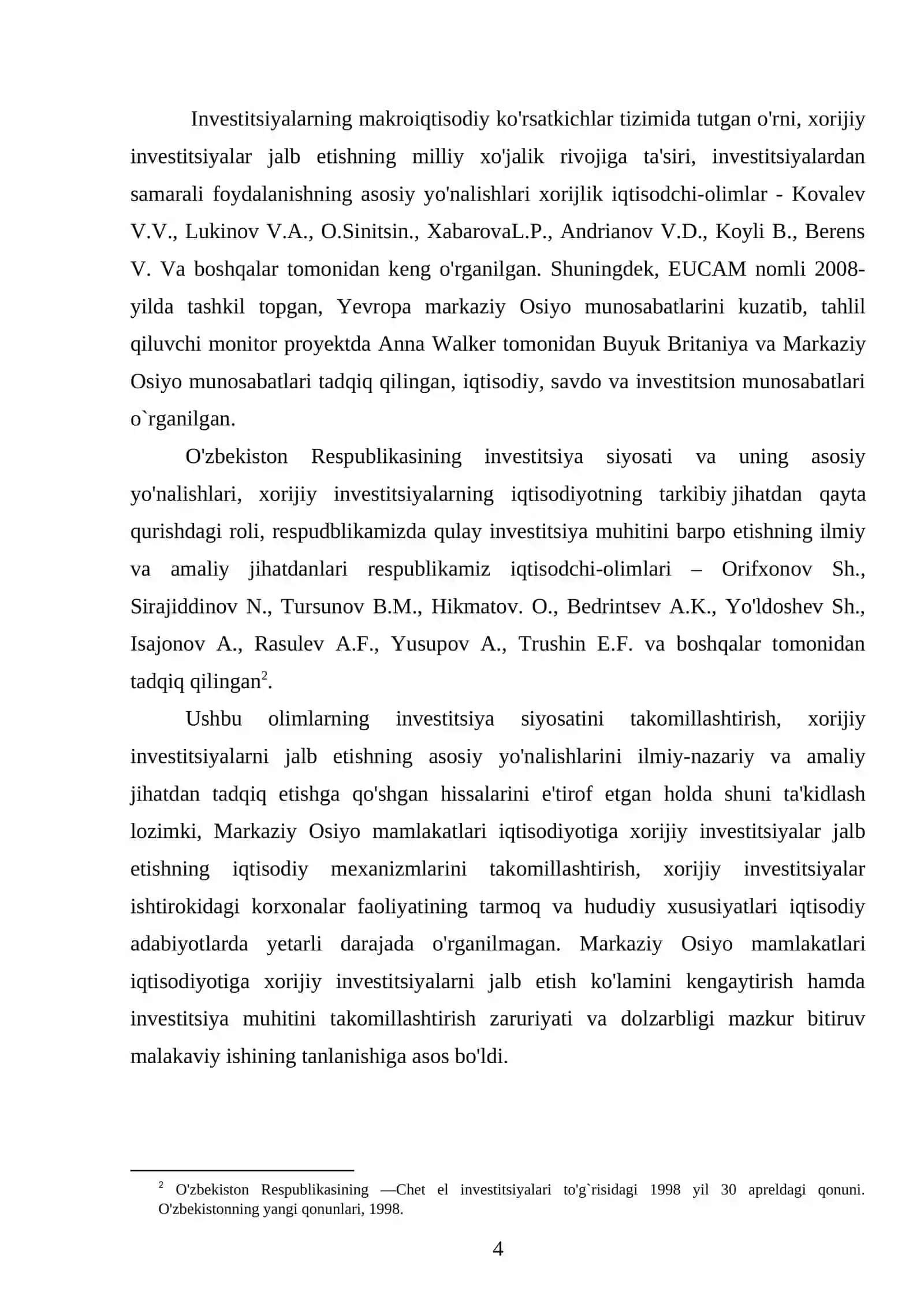 O’zbekistonda respublikasining investitsiya siyosati kurs ishi 4