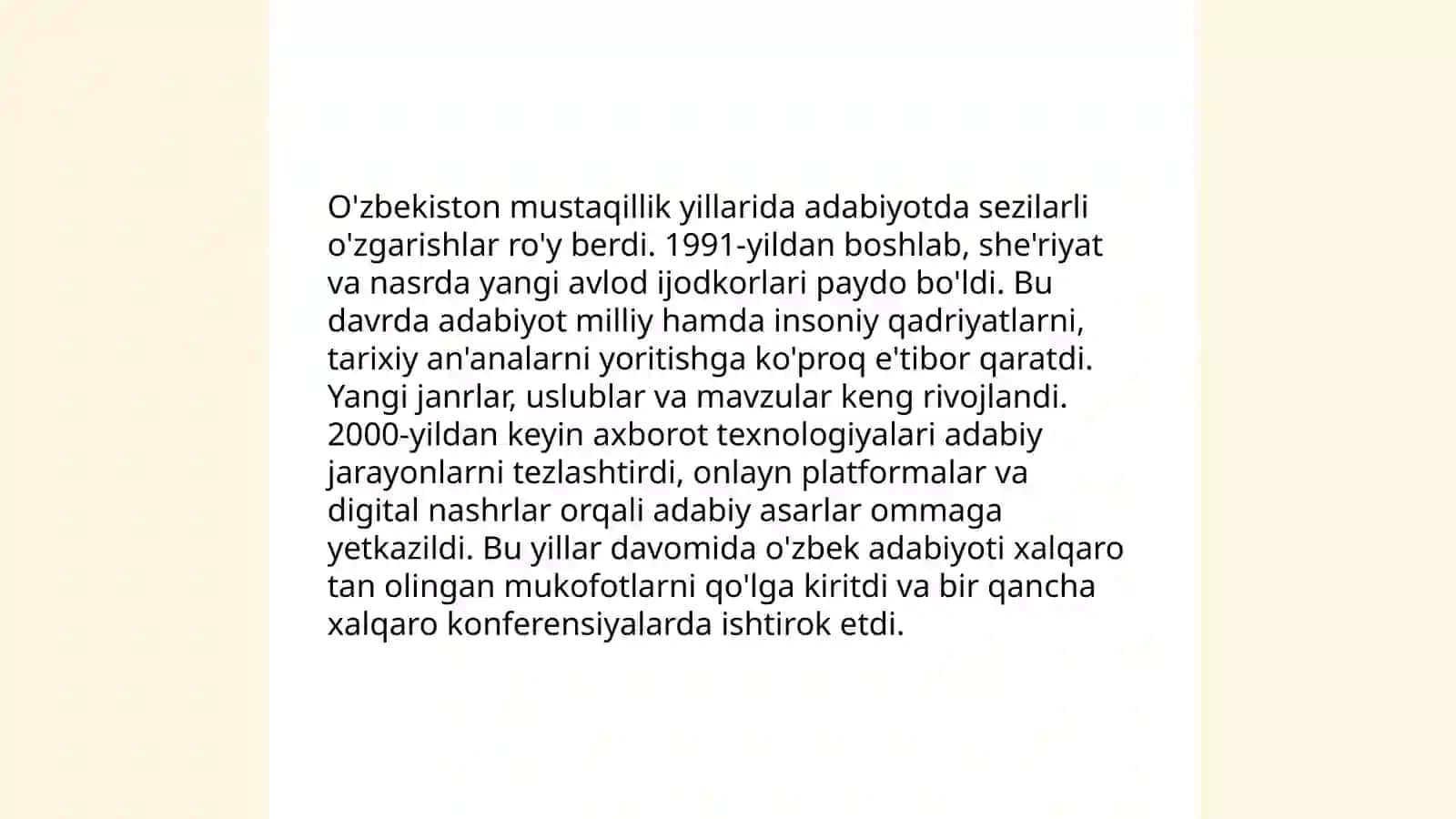 Mustaqillik yillarida O'zbekistondagi ma'naviy va madaniy taraqqiyot 4