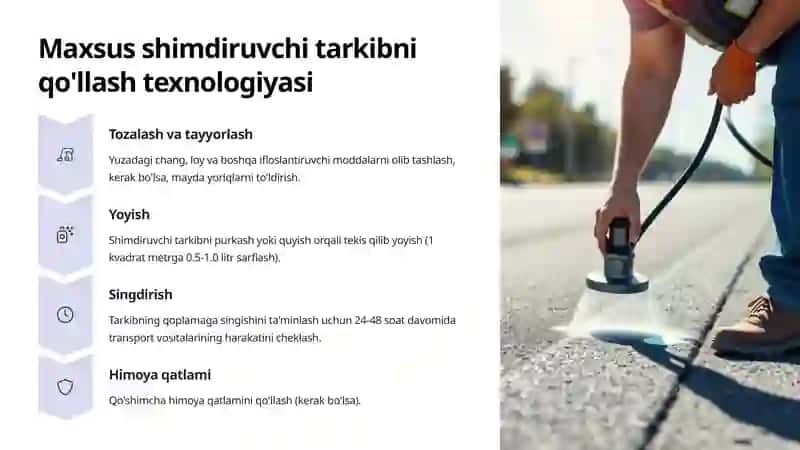 Asfaltbeton qoplamasining xizmat muddatini oshirish uchun maxsus shimdiruvchi tarkib bilan qayta ishlash bo'yicha tavsiyalar 4