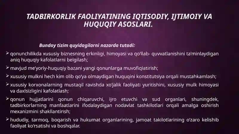 KICHIK BIZNES VA TADBIRKORLIK FAOLIYATINING IQTISODIY, IJTIMOIY, HUQUQIY ASOSLARI VA DAVLAT TOMONIDAN QO‘LLAB-QUVVATLANISHI 4