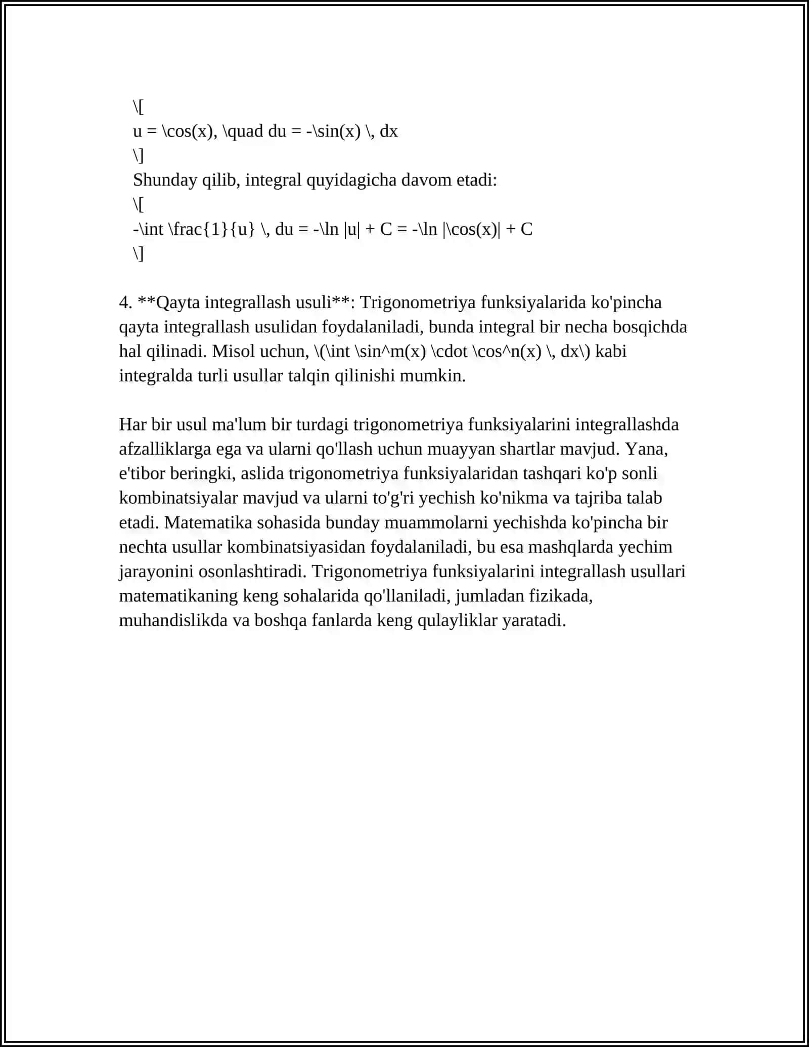 TRIGONOMETRIK VA BA'ZI IRRATSIONAL FUNKSIYALARNI INTEGRALLASH 4