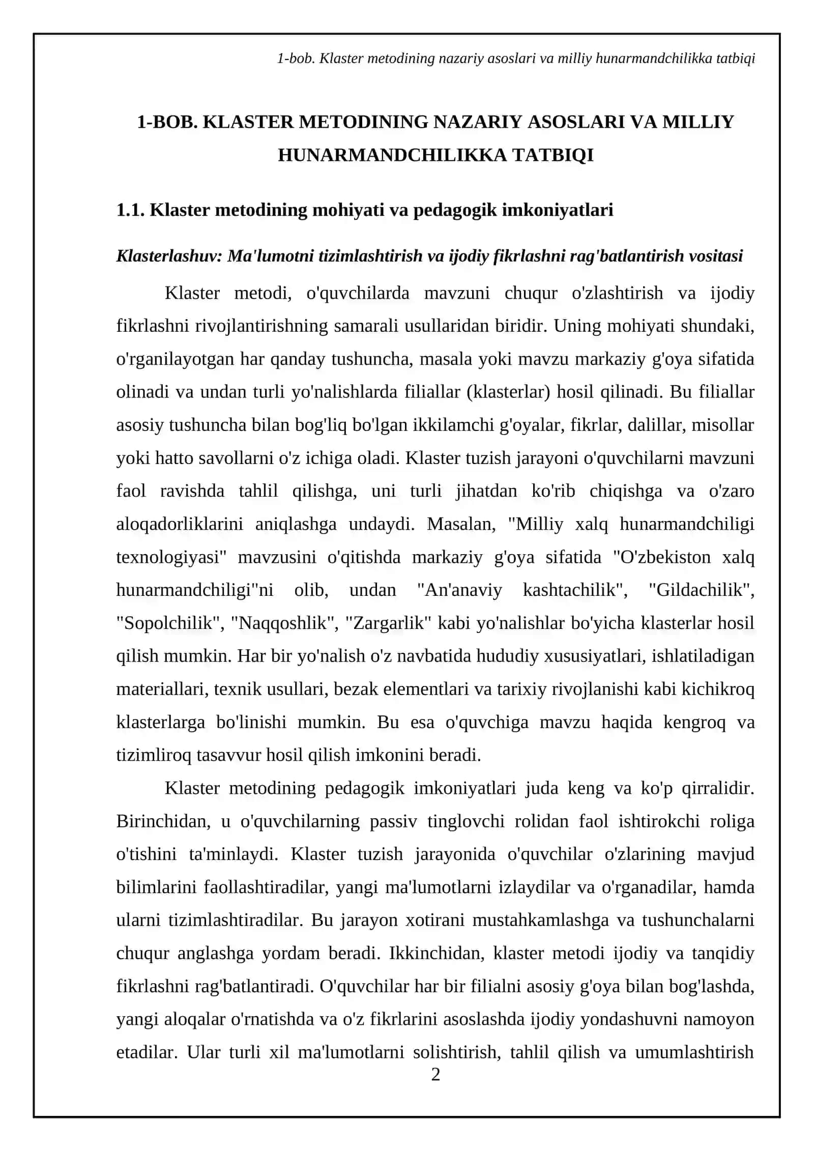 O'quvchilarga "Milliy xalq hunarmandchiligi texnologiyasi" mavzusini o'qitishda klaster metodidan foydalanish 4