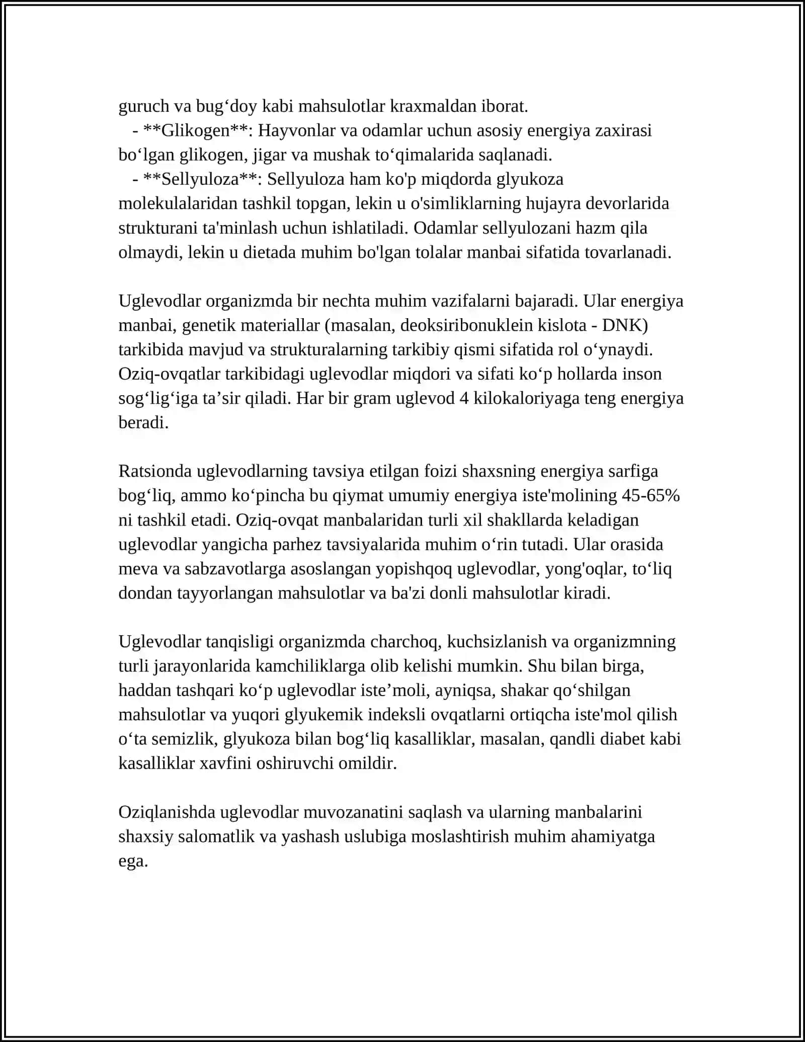 UGLEVODLAR KLASSIFIKATSIYASI ORGANIZMDAGI AHAMYATI GIPOGIPIRKIMIYA HAQIDA TUSHUNCHA 4