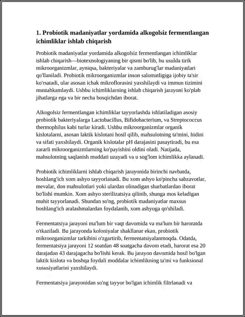 ALKOGOLSIZ ICHIMLIKLAR ISHLAB CHIQARISHNING BIOTEXNOLOGIK USULLARI 4