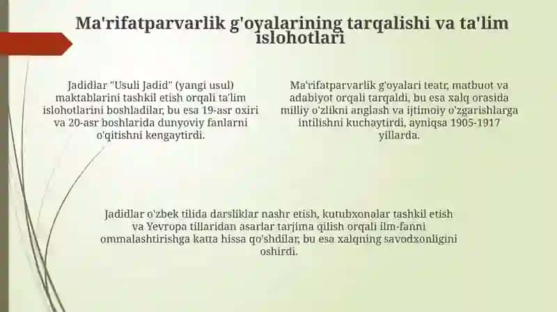 Jadid ma'rifatparvarlarining õlka ijtimoiy-ma'naviy hayotida tutgan õrni 4