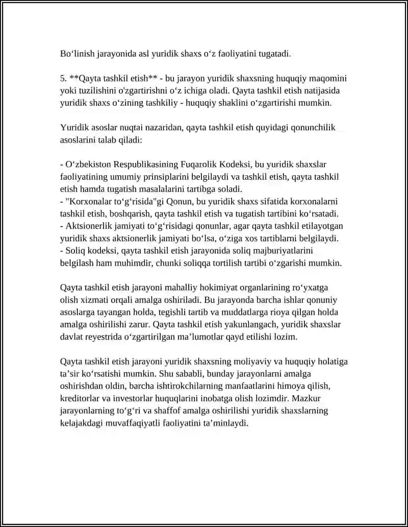 BIZNES HUQUQI SUBYEKTLARINI QAYTA TASHKIL ETISH VA TUGATISH TARTIBI 4
